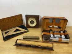 A mixed lot including a travelling toiletry set which measures 7cm x 25cm x 14cm, also a ruler
