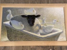 Oliver Canti (British), Sheep-Dip, oil pastel, signed bottom right, paper label verso, measures 47.