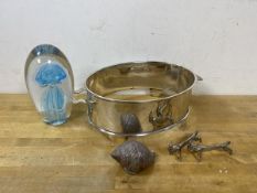 A mixed lot including two novelty knife rests in the form of goats, an Epns jardiniere (lacking