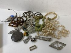 A Birmingham silver compact weighs 18 grammes along with costume jewellery including beads,