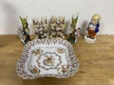 A mixed lot of china including a 19thc salt shaker in the form of a portly gentleman, stopper to