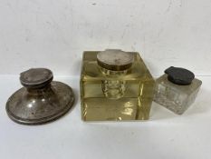 A group of inkwell's including a large glass ink well with 1945 Birmingham silver lid, measures
