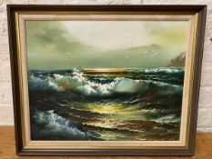 1970's school, Ocean Waves, oil, indistinctly signed bottom left, measures 45cm x 57cm