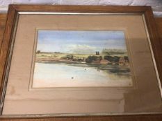 Two figures standing by riverbank, watercolour, initialled bottom right, measures 18cm x 27cm