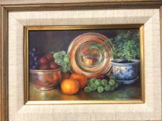 Chris Adams, still life copper and maidenhead fern, (medium?) signed bottom right, measures 14cm x