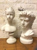 A reproduction composition bust of Michelangelo's David, measures 35cm high and another