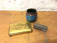 A mixed lot including a cloisonne pot, measures 8cm high, a hinged metal box with dragons to top and