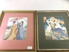 Two vintage offset lithographic prints depicting women in garden setting, one inscribed Helen Dryde,