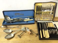 A collection of Epns including knives, forks, ladle, knife rest, wine spout, salad tongs (a lot)