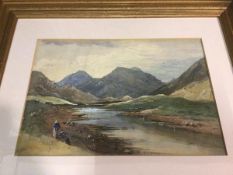 Joel Owen, aka Francis Jamieson, figures in mountain landscape, signed bottom left, measures 29cm