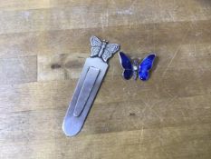A Birmingham silver bookmark with butterfly finial, measures 8cm high, along with an enamel and