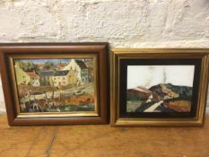 J Smith, Coastal Town, oil, signed bottom right, measures 14cm x 19cm and W A Pitima, polished stone