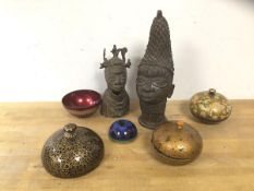 A mixed lot including two African cast metal busts, larger measures 28cm high, two papier mache