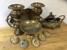 A collection of brass including two baluster shaped vases, each measures 30cm high, five embroidered