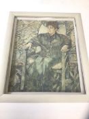 Modern School, lady sitting in armchair, oil, signed indistinctly bottom right, measures 27cm x