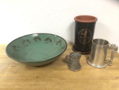 A Studio Pottery fruit bowl with scrolling vine decoration, stamped GY to foot rim, measures 9cm x