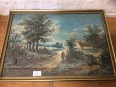 A Bough, figures in rural setting before cottage, watercolour, signed bottom left, measures 35cm x