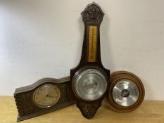 A mixed lot including two wall barometers and a mantle clock marked Centurion Scotland, (14cm x
