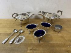 A pair of silver sauce boats, Birmingham 1936 (9cm h), two salts and condiment pot, lid a/f, all
