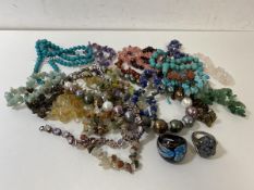 A collection of costume jewellery including lapis lazuli, turquoise, amethyst, silver ring with