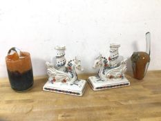 A mixed lot including a pair of Imperial dragons of heaven and earth candlesticks, (17cm h), a cased