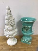 A Spanish white china ornament in the form of a fruit bowl, (44cm h), an urn with turquoise glaze,