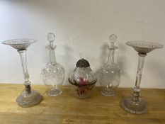 A glass hinge lidded bowl in the form of a stylised pear, (23cm h), two decanters with floral