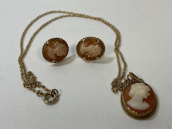 A pair of gold and cameo stud earrings, both marked 375, inscribed A&Co, and pendant with same marks