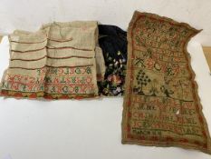 A 19thc sampler, unframed, (34cm x 19cm), a partially completed sampler and ladies handbag
