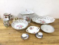 A mixed lot of china including Dresden miniature teacups and saucers, German vases, pierced vase,