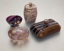 A white-metal mounted banded agate paperweight, c. 1900, in the form of a desk blotter; a carved