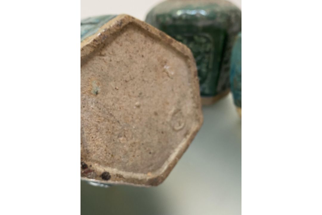 Three Chinese Provincial green-glazed pottery jars, each of hexagonal form, the largest with moulded - Image 2 of 2