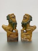 A pair of Chinese pottery models of Buddhistic lions, in a Sancai glaze. Height 21cm