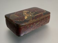A Persian papier mache snuff box, 19th century, of oblong form, the cover decorated with a