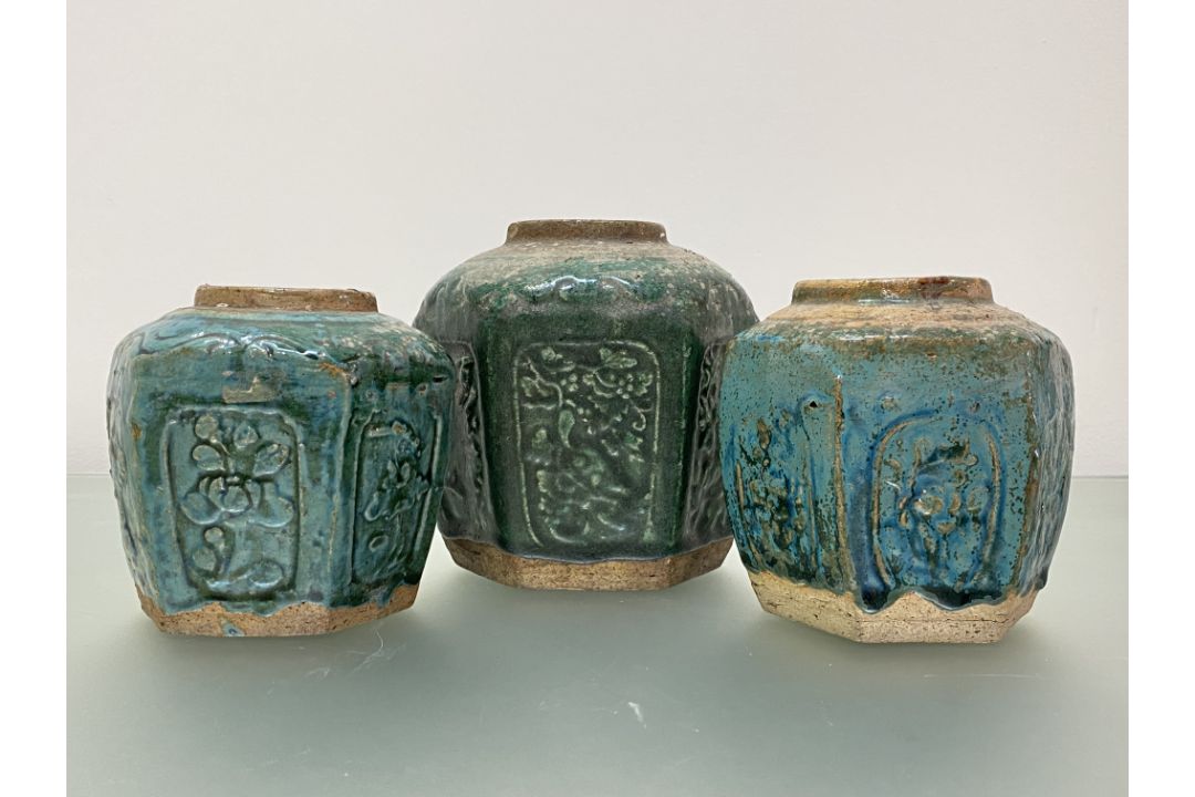 Three Chinese Provincial green-glazed pottery jars, each of hexagonal form, the largest with moulded - Image 1 of 2