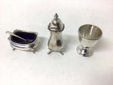 Silver pepperette, salt and spoon, Birmingham 1927 (Walker & Hall), with scalloped rims and scrollwo