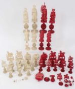 Fine quality 19th century Canton carved and stained ivory chess set, some elements missing