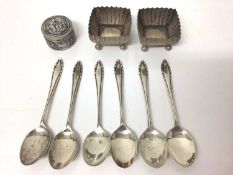 Set six silver coffee spoons, pair silver salts and Continental silver (800) pill pot