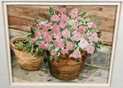 English school watercolour - terracotta pots of Geraniums, monogrammed, framed