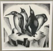 Agnes Miller Parker woodcut print - penguins, 12.5cm x 13cm, unsigned in glazed frame