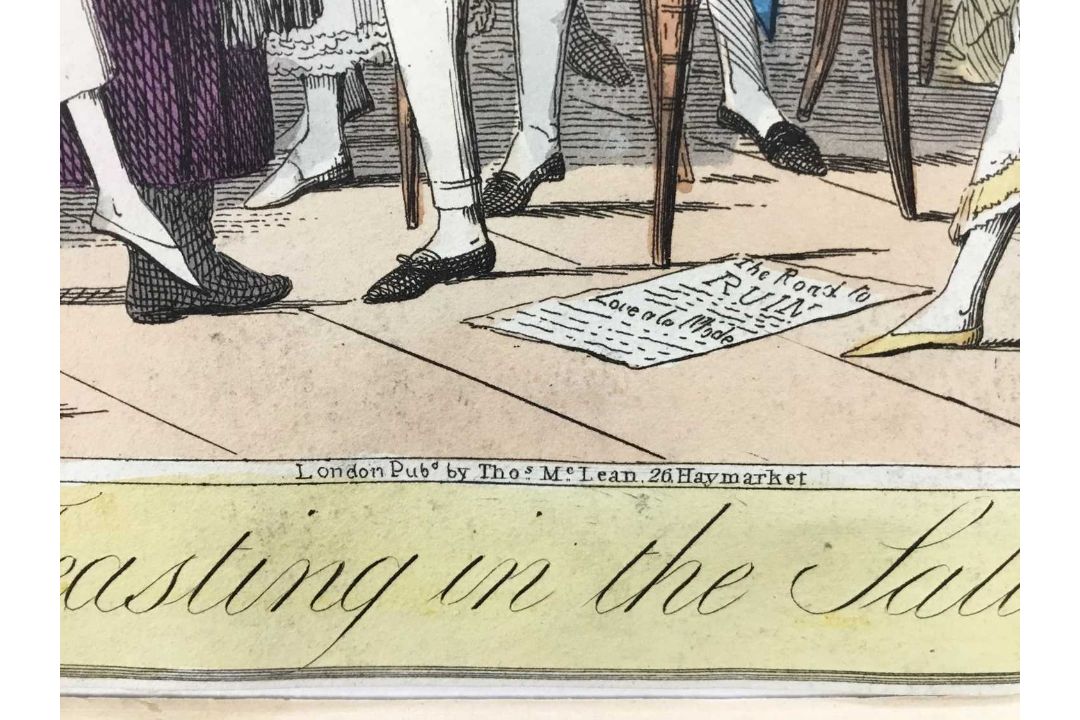 Early 19th century satirical engraving - Theatrical Pleasures 'Feasting in the saloon', London pub. - Image 6 of 7