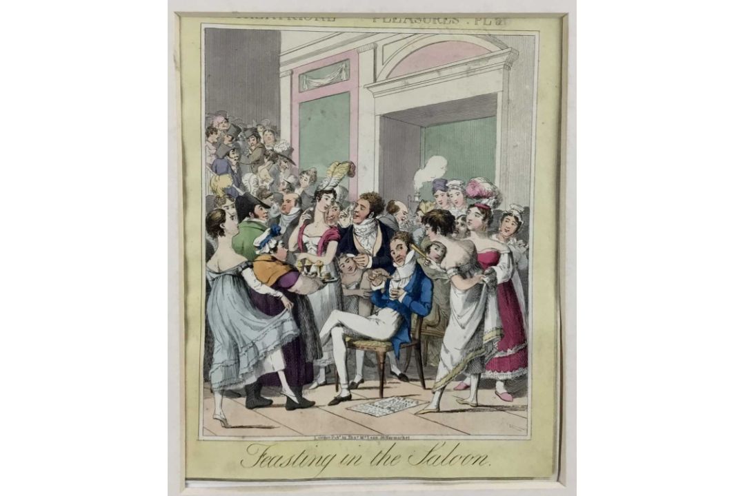 Early 19th century satirical engraving - Theatrical Pleasures 'Feasting in the saloon', London pub. - Image 1 of 7