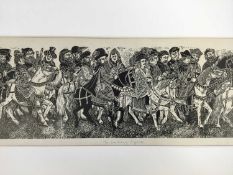 Sue Scullard (contemporary) woodcut print, Canterbury pilgrims, signed inscribed artists proof and d