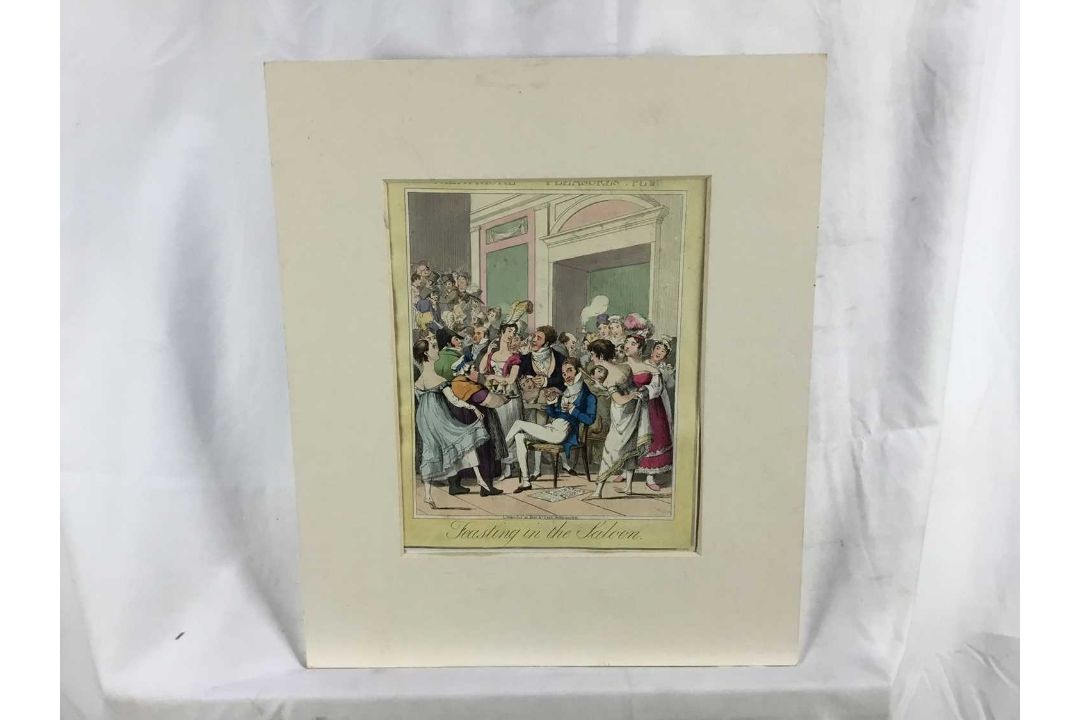 Early 19th century satirical engraving - Theatrical Pleasures 'Feasting in the saloon', London pub. - Image 4 of 7