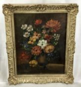 Oil on board - still life of flowers, signed lower left, in glazed frame