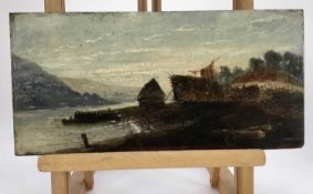 Scottish School, 19th Century oil on panel - A river estuary, fisherman's hut with fishing boat, 36c