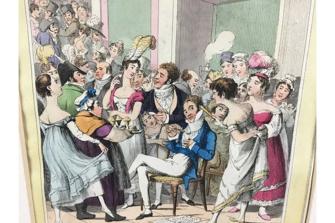 Early 19th century satirical engraving - Theatrical Pleasures 'Feasting in the saloon', London pub. - Image 5 of 7