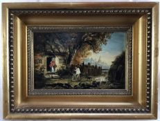 Manner of George Morland two oil on panel - hunter returning 19cm x 12cm in gilt frame (30cm x 22cm