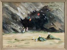 Deborah Jones (1921 - 2012) oil on board - children playing in the sand, signed, 29cm x 39cm