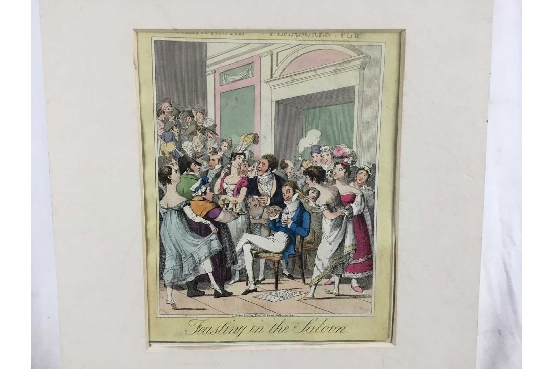 Early 19th century satirical engraving - Theatrical Pleasures 'Feasting in the saloon', London pub. - Image 3 of 7